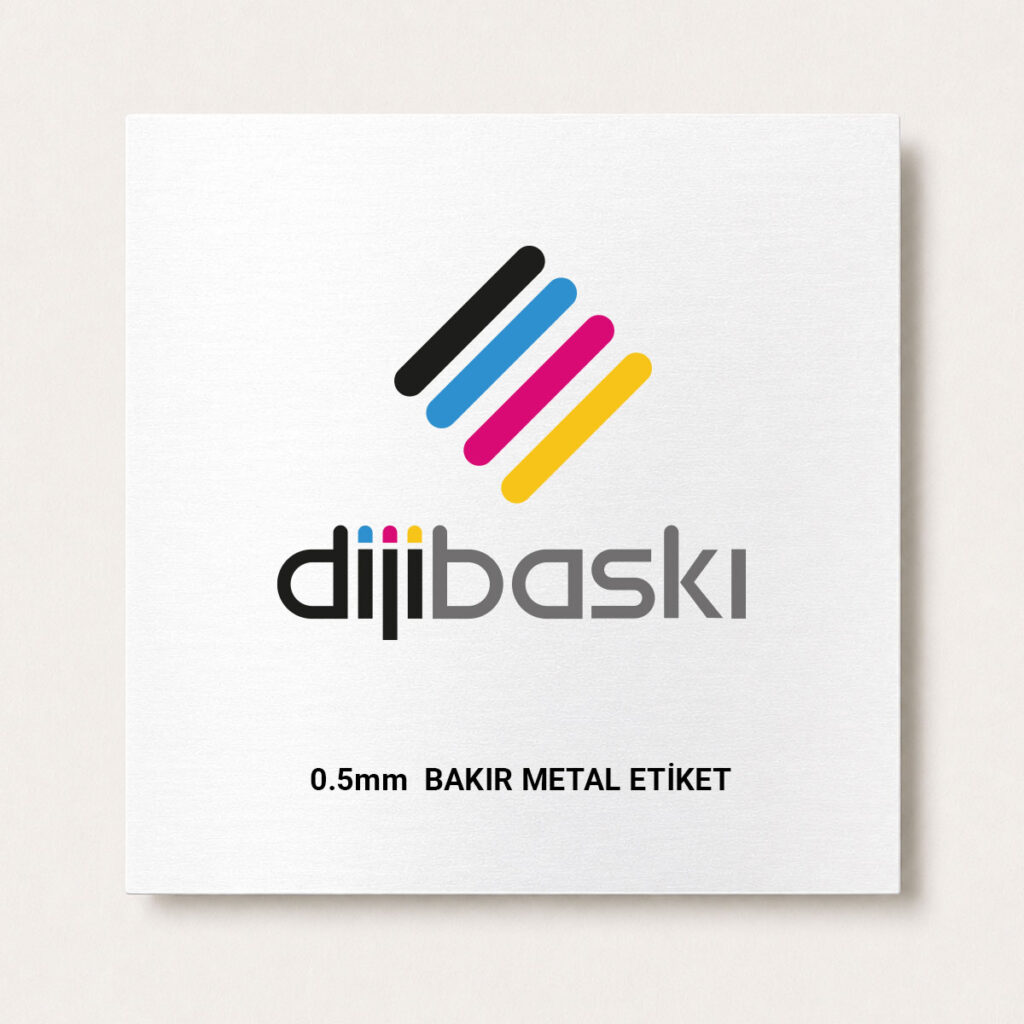 White card featuring a colorful diagonal stripe logo (black, blue, cyan, magenta, yellow) above the gray word mark 'dijibaski' on a white background; below is the caption '0.5mm BAKIR METAL ETİKET'.